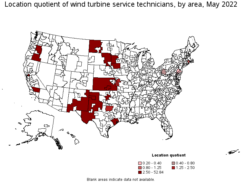 Map of location quotient of wind turbine service technicians by area, May 2022