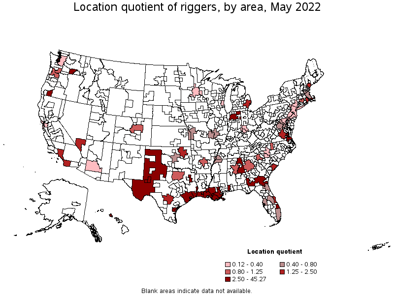 Map of location quotient of riggers by area, May 2022