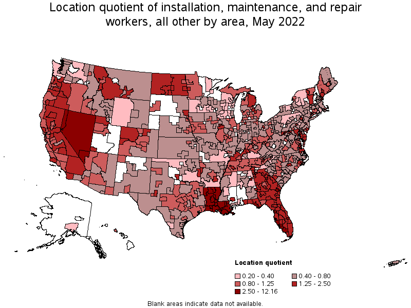 Map of location quotient of installation, maintenance, and repair workers, all other by area, May 2022