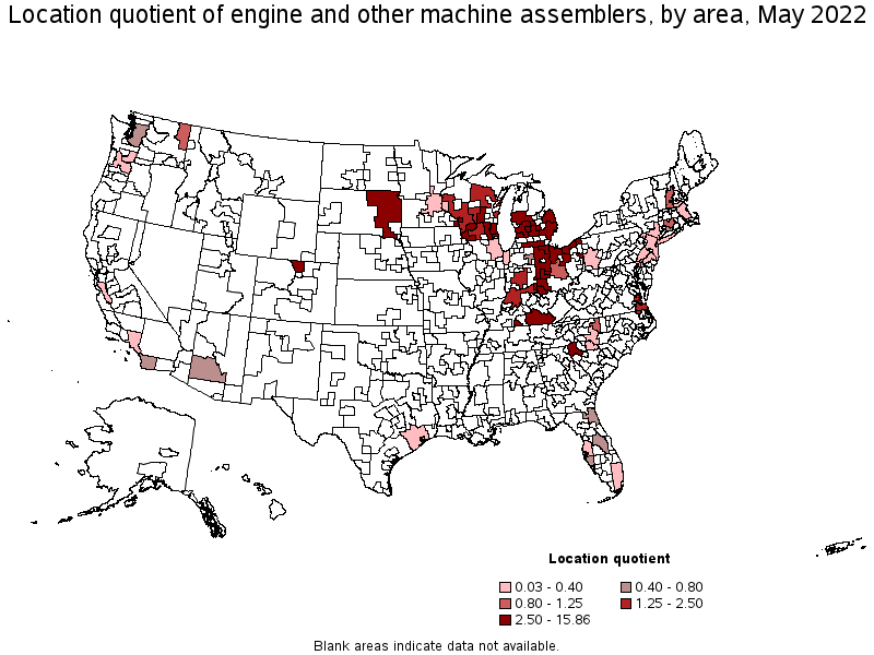 Map of location quotient of engine and other machine assemblers by area, May 2022