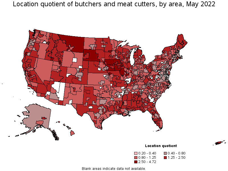 Map of location quotient of butchers and meat cutters by area, May 2022