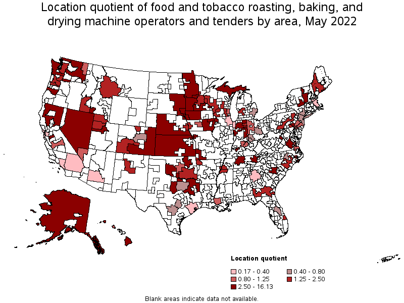 Map of location quotient of food and tobacco roasting, baking, and drying machine operators and tenders by area, May 2022