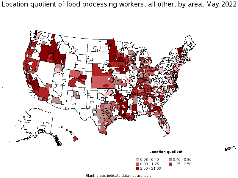 Map of location quotient of food processing workers, all other by area, May 2022