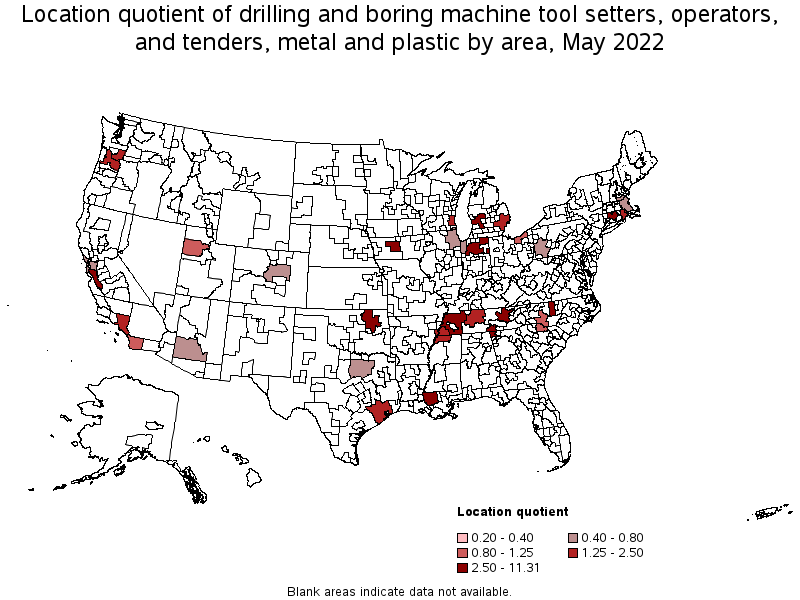 Map of location quotient of drilling and boring machine tool setters, operators, and tenders, metal and plastic by area, May 2022