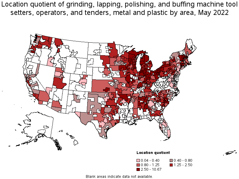 Map of location quotient of grinding, lapping, polishing, and buffing machine tool setters, operators, and tenders, metal and plastic by area, May 2022