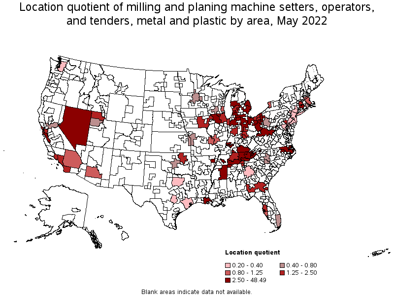 Map of location quotient of milling and planing machine setters, operators, and tenders, metal and plastic by area, May 2022