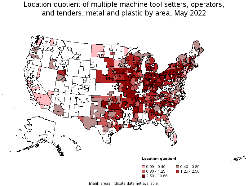 Map of location quotient of multiple machine tool setters, operators, and tenders, metal and plastic by area, May 2022