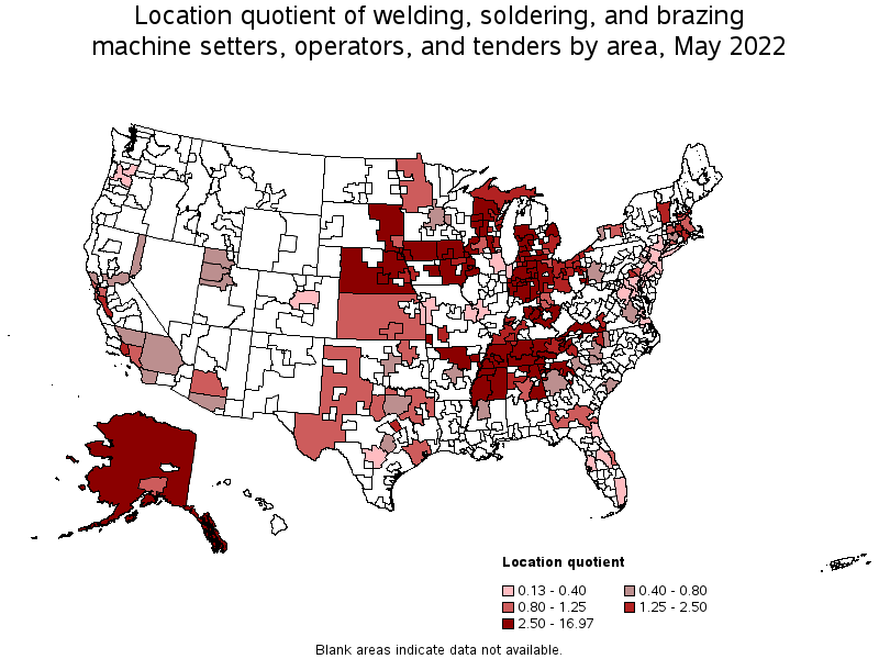 Map of location quotient of welding, soldering, and brazing machine setters, operators, and tenders by area, May 2022