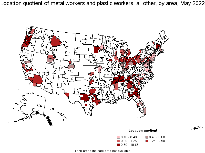 Map of location quotient of metal workers and plastic workers, all other by area, May 2022