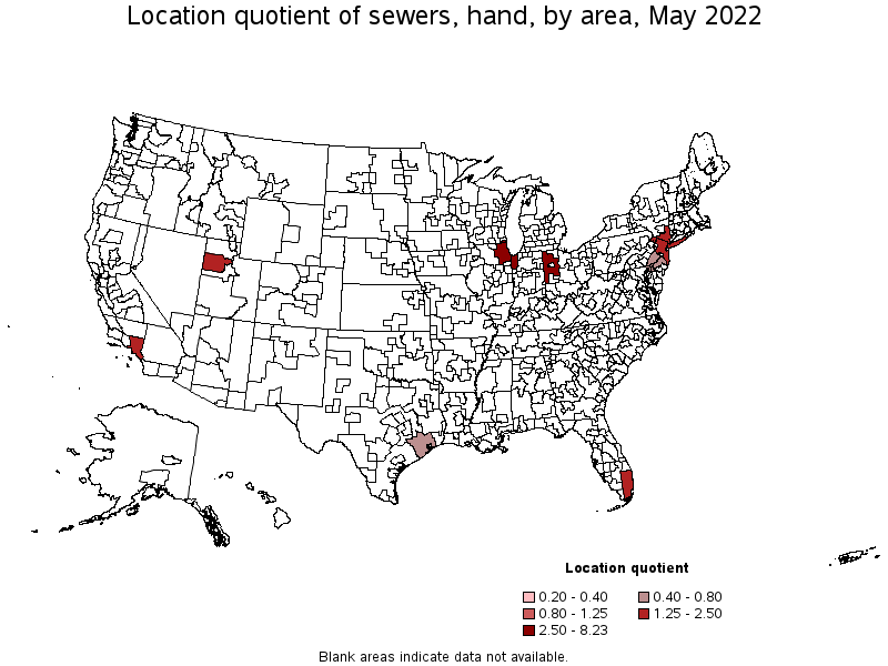 Map of location quotient of sewers, hand by area, May 2022
