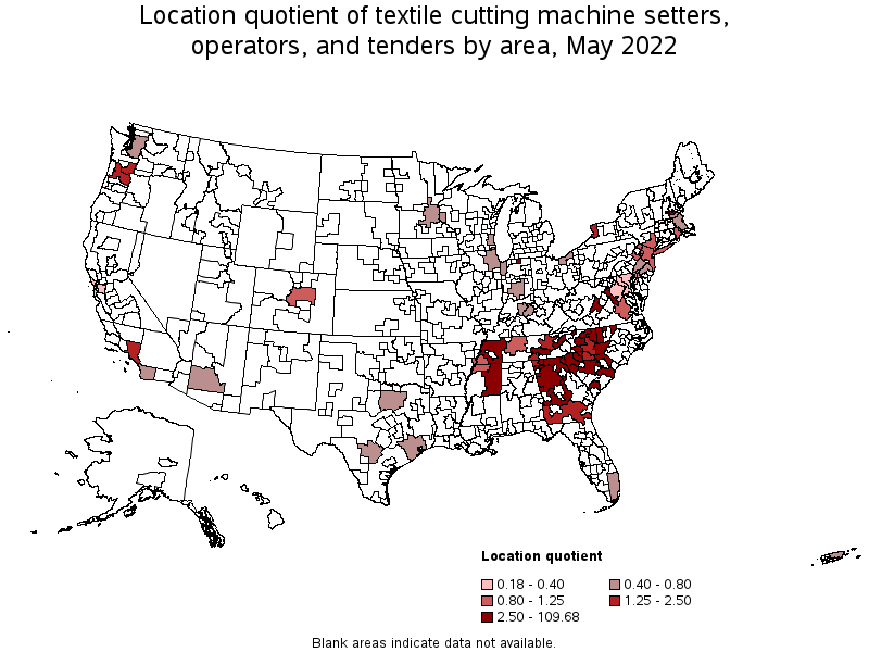 Map of location quotient of textile cutting machine setters, operators, and tenders by area, May 2022