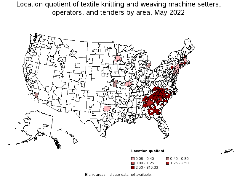 Map of location quotient of textile knitting and weaving machine setters, operators, and tenders by area, May 2022