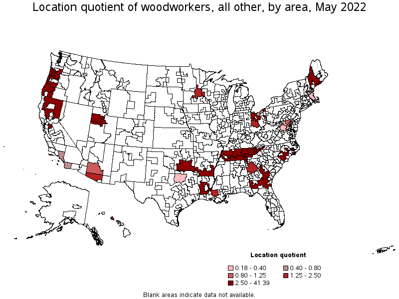 Map of location quotient of woodworkers, all other by area, May 2022