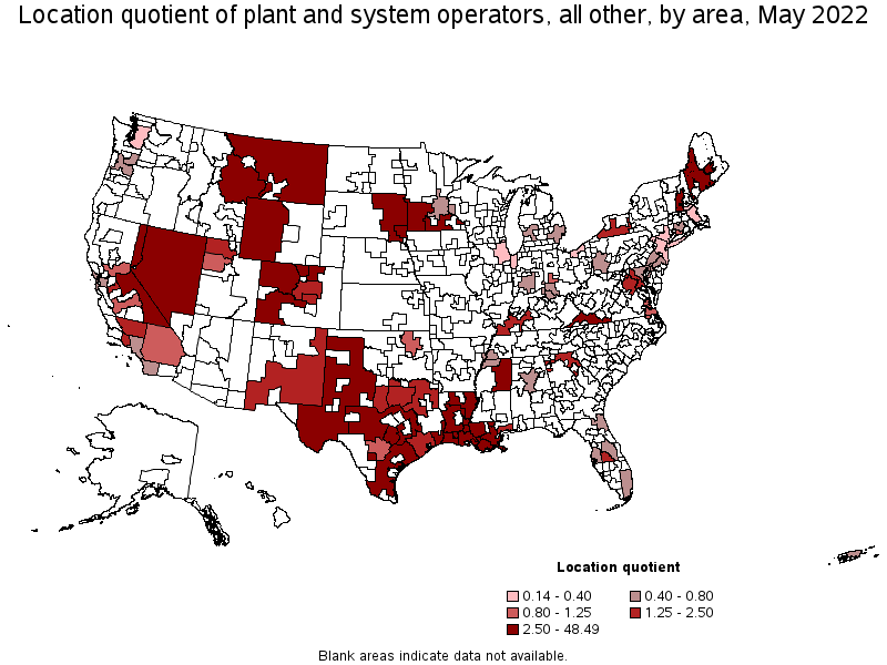 Map of location quotient of plant and system operators, all other by area, May 2022