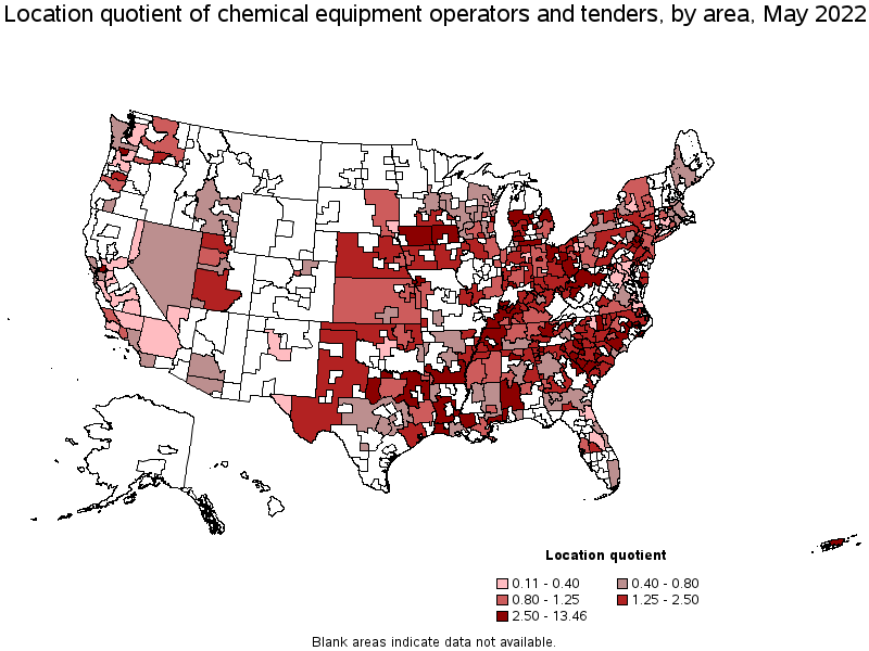 Map of location quotient of chemical equipment operators and tenders by area, May 2022