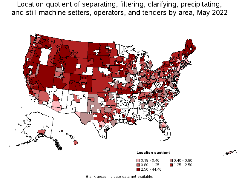 Map of location quotient of separating, filtering, clarifying, precipitating, and still machine setters, operators, and tenders by area, May 2022