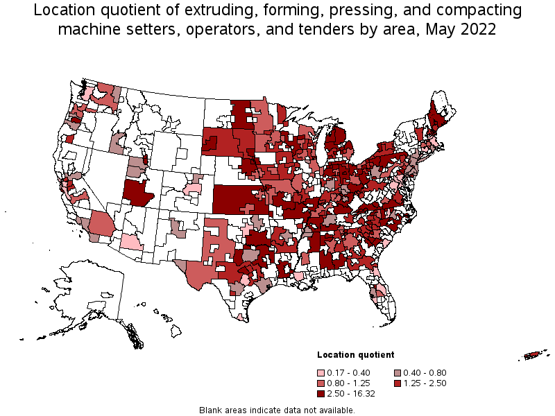 Map of location quotient of extruding, forming, pressing, and compacting machine setters, operators, and tenders by area, May 2022