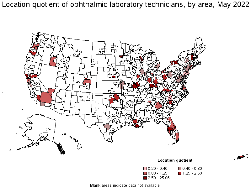 Map of location quotient of ophthalmic laboratory technicians by area, May 2022