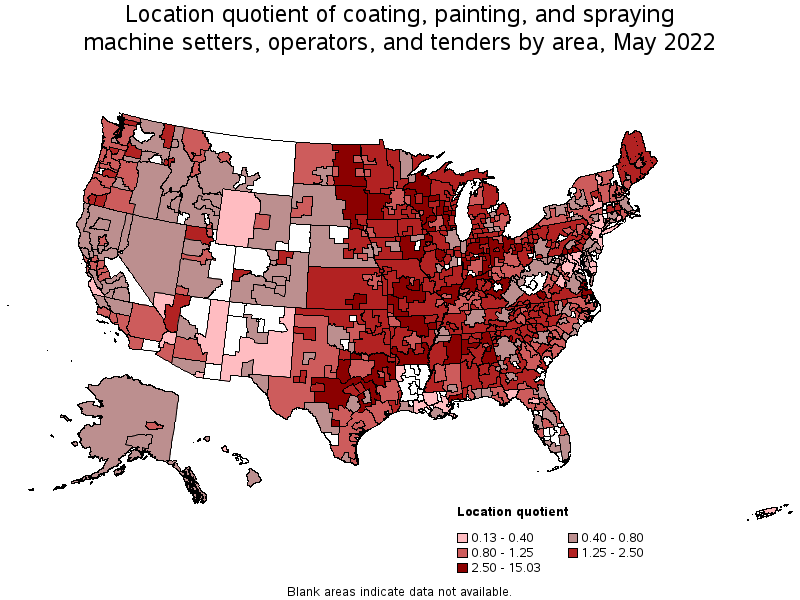 Map of location quotient of coating, painting, and spraying machine setters, operators, and tenders by area, May 2022