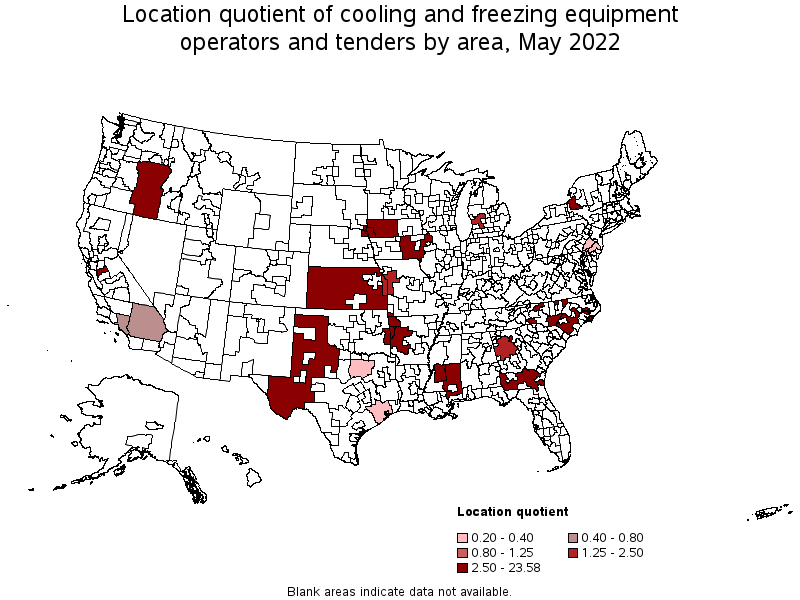 Map of location quotient of cooling and freezing equipment operators and tenders by area, May 2022