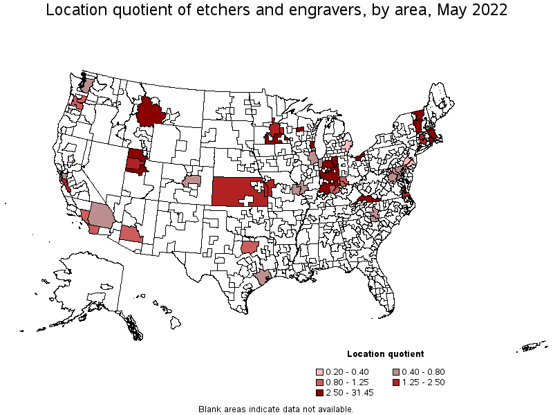 Map of location quotient of etchers and engravers by area, May 2022