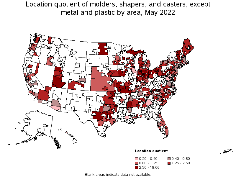 Map of location quotient of molders, shapers, and casters, except metal and plastic by area, May 2022