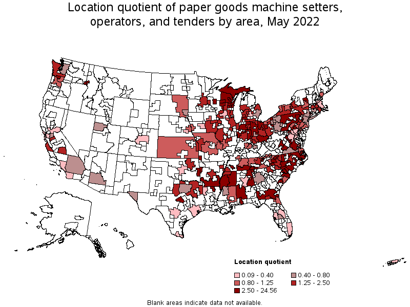 Map of location quotient of paper goods machine setters, operators, and tenders by area, May 2022