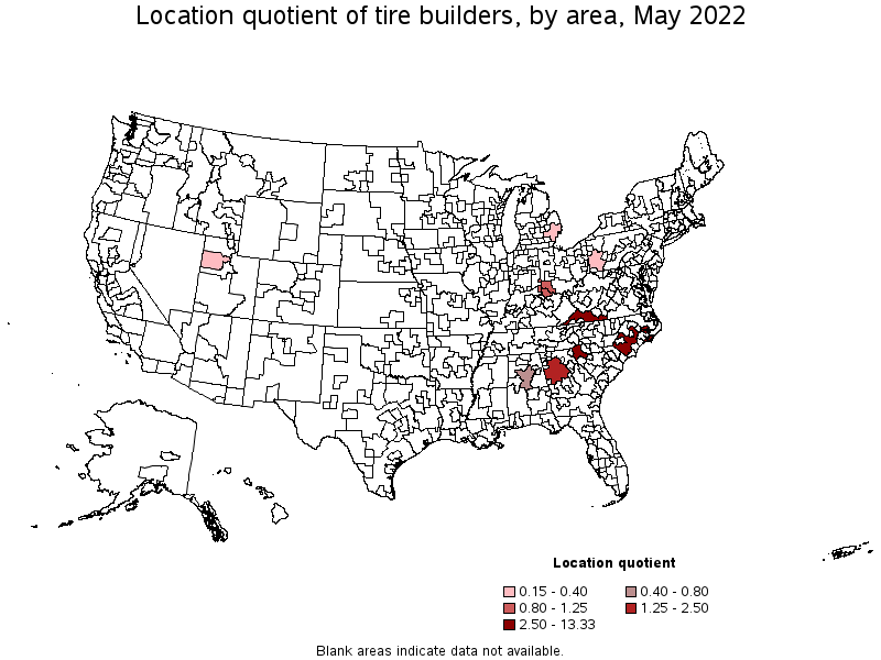 Map of location quotient of tire builders by area, May 2022