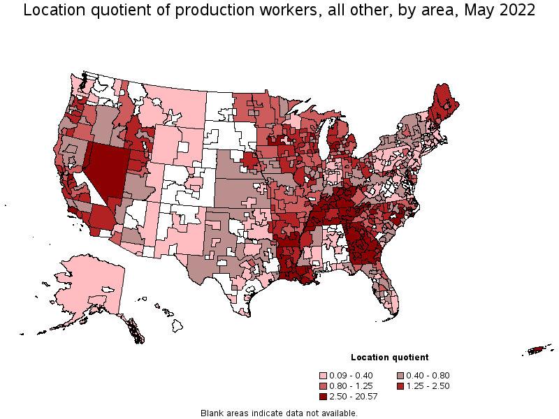 Map of location quotient of production workers, all other by area, May 2022