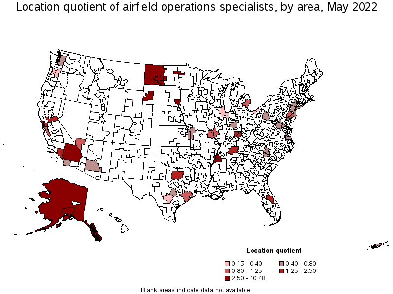 Map of location quotient of airfield operations specialists by area, May 2022