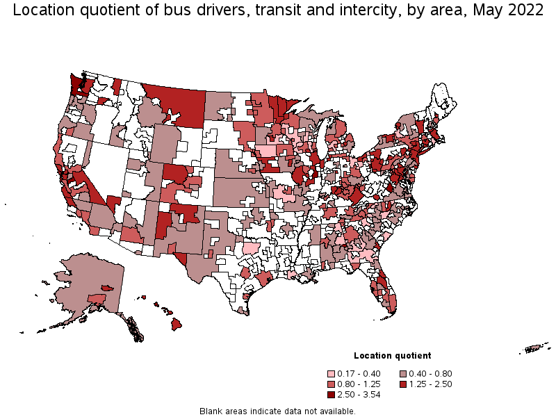 Map of location quotient of bus drivers, transit and intercity by area, May 2022