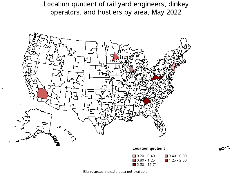 Map of location quotient of rail yard engineers, dinkey operators, and hostlers by area, May 2022