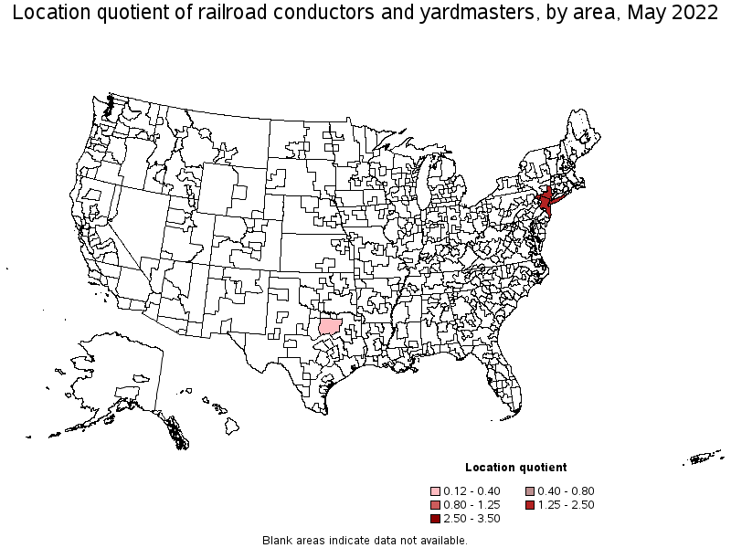 Map of location quotient of railroad conductors and yardmasters by area, May 2022