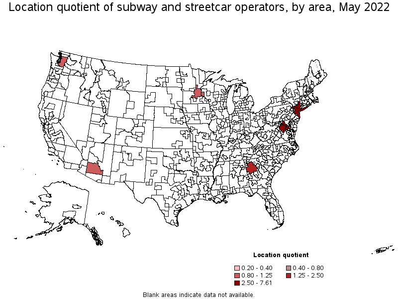 Map of location quotient of subway and streetcar operators by area, May 2022