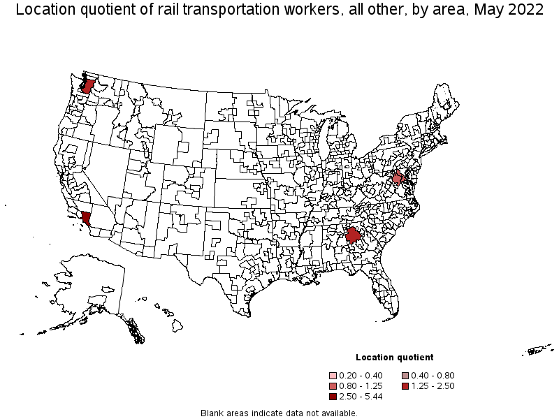 Map of location quotient of rail transportation workers, all other by area, May 2022