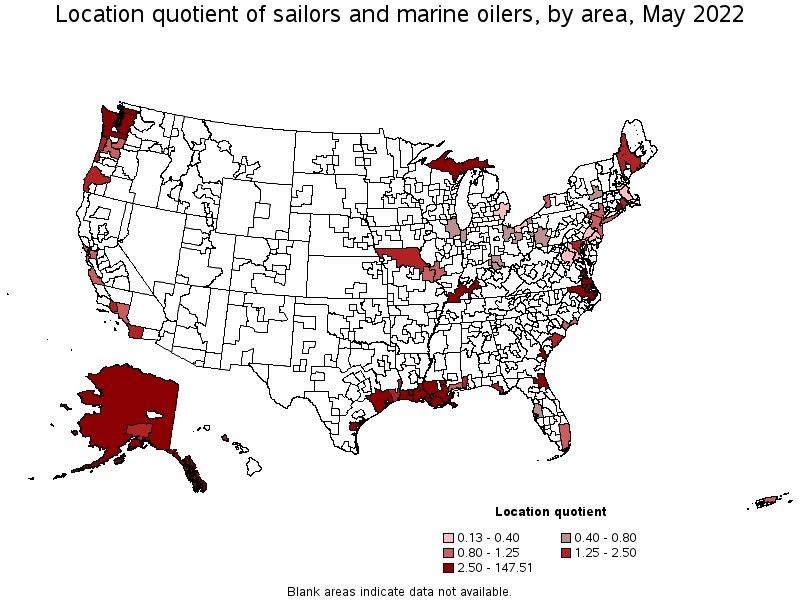 Map of location quotient of sailors and marine oilers by area, May 2022