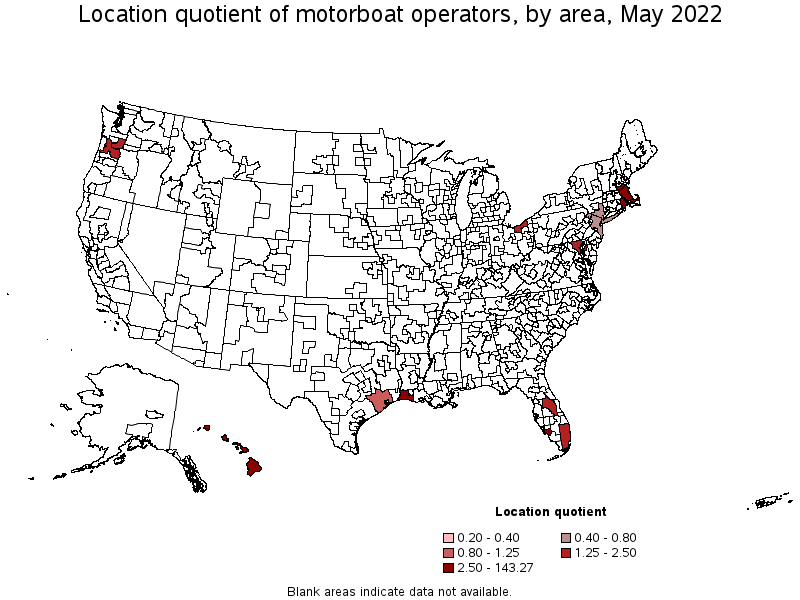 Map of location quotient of motorboat operators by area, May 2022