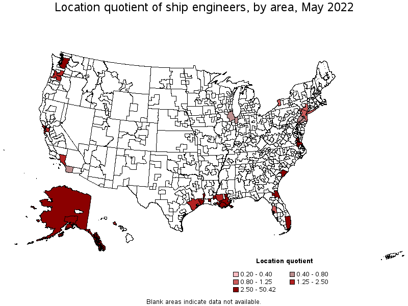 Map of location quotient of ship engineers by area, May 2022