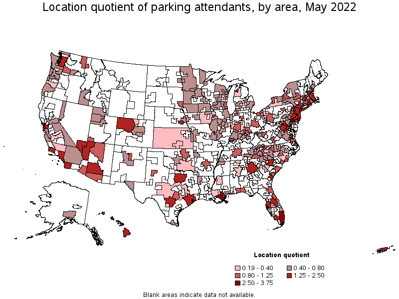Map of location quotient of parking attendants by area, May 2022