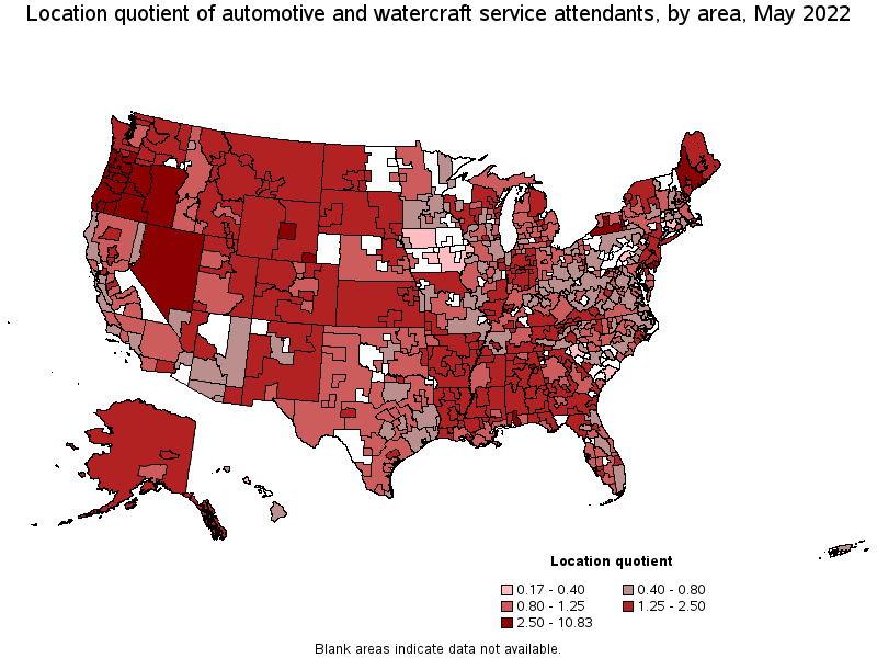 Map of location quotient of automotive and watercraft service attendants by area, May 2022