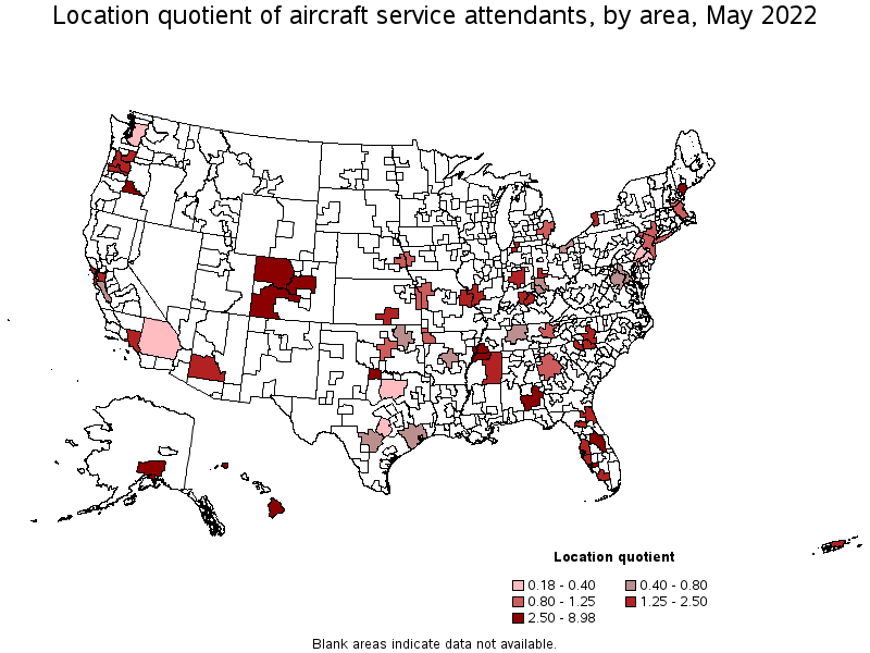 Map of location quotient of aircraft service attendants by area, May 2022