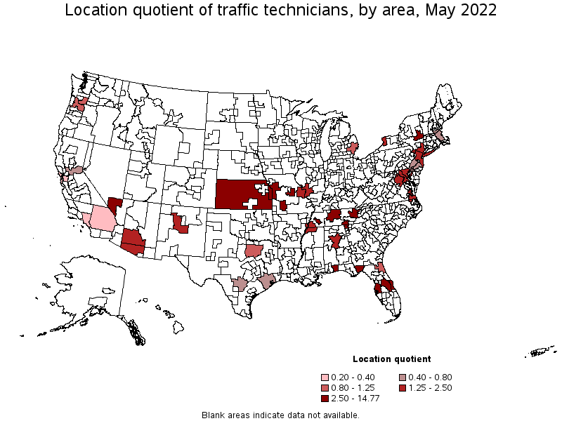 Map of location quotient of traffic technicians by area, May 2022