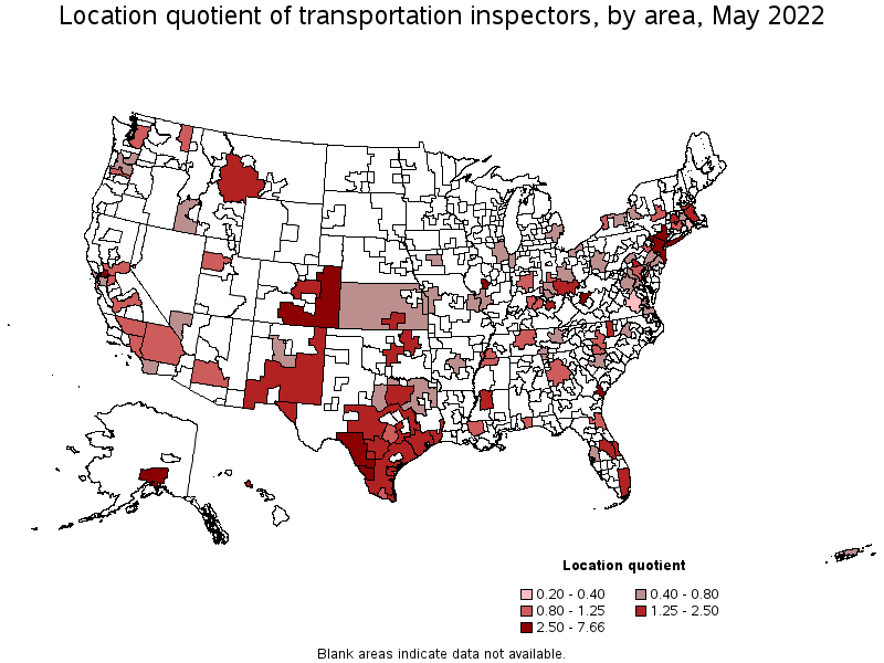 Map of location quotient of transportation inspectors by area, May 2022