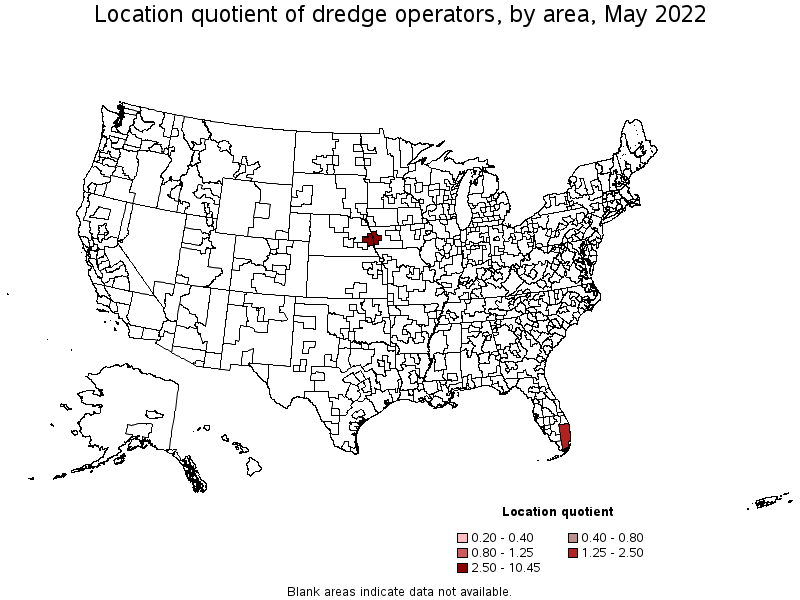 Map of location quotient of dredge operators by area, May 2022