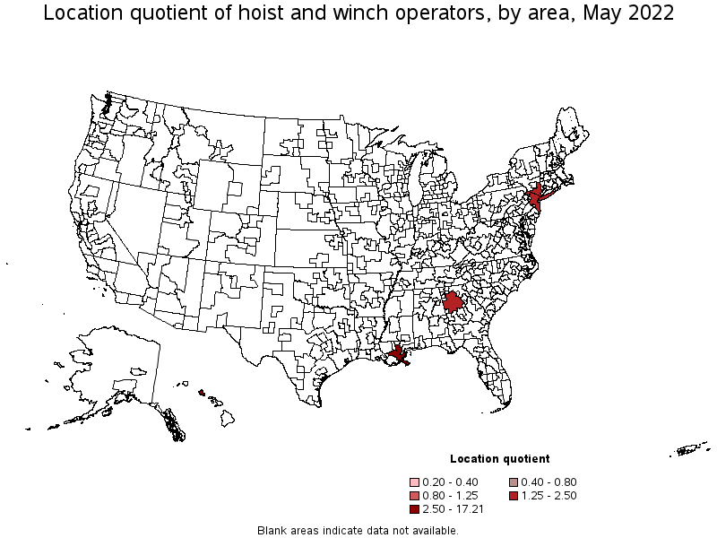 Map of location quotient of hoist and winch operators by area, May 2022