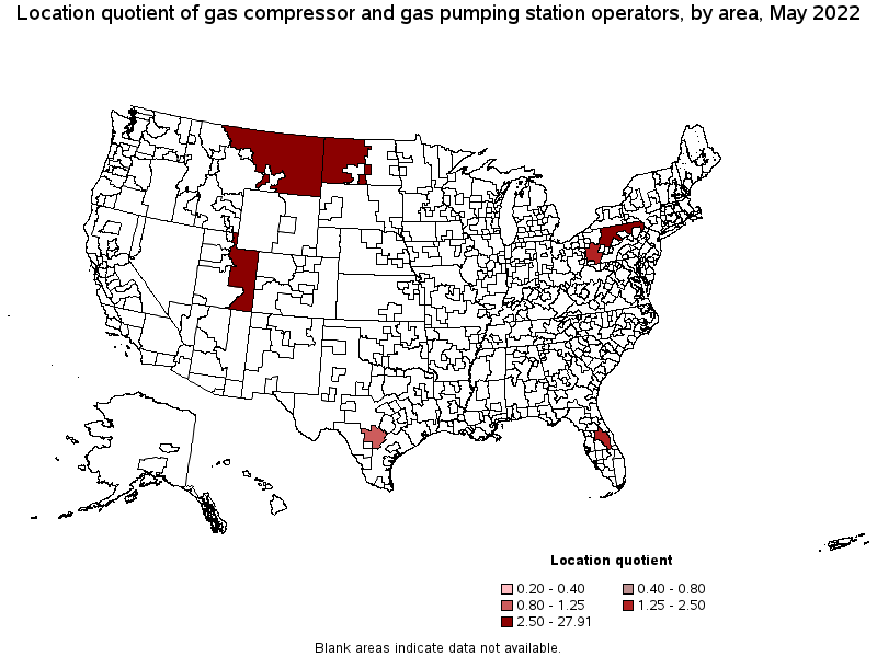 Map of location quotient of gas compressor and gas pumping station operators by area, May 2022