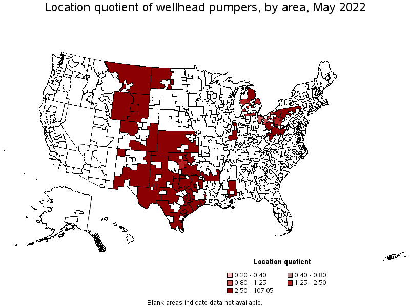 Map of location quotient of wellhead pumpers by area, May 2022