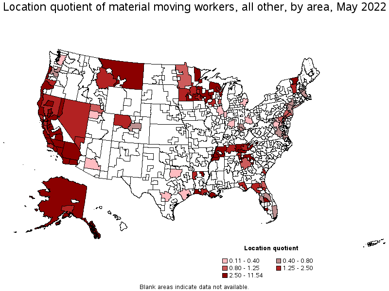 Map of location quotient of material moving workers, all other by area, May 2022