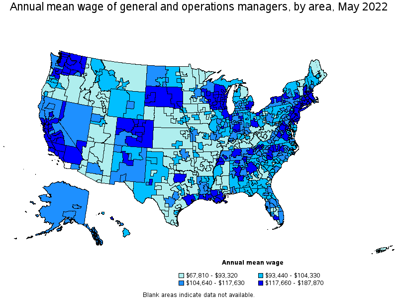 Map of annual mean wages of general and operations managers by area, May 2022