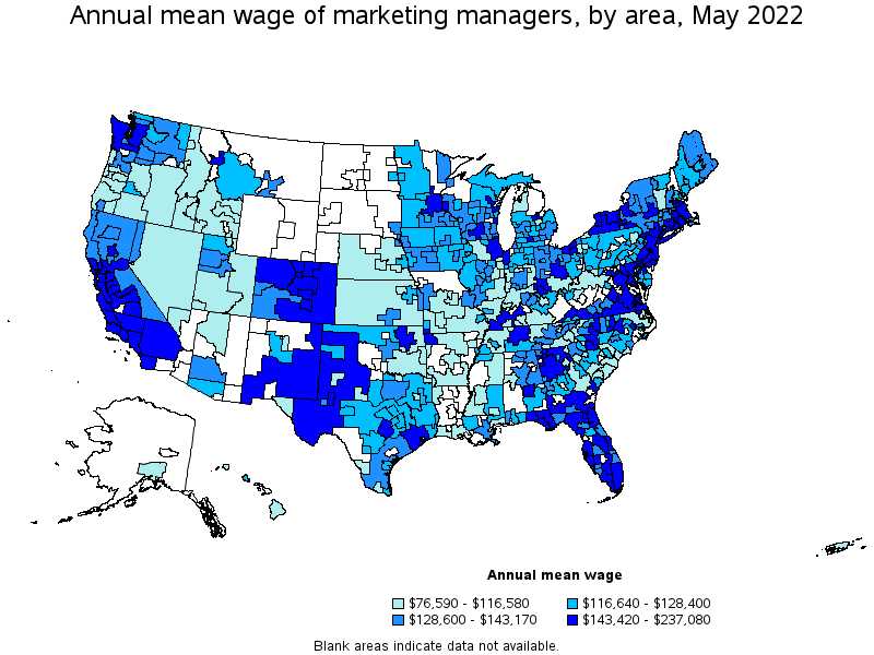 Map of annual mean wages of marketing managers by area, May 2022